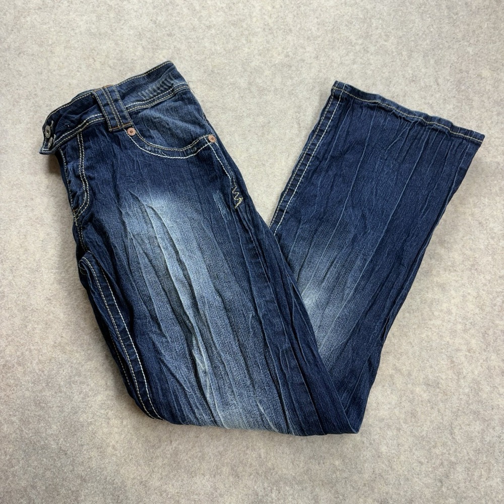 Y2K Women's 16 Bootcut Jean Blue Crinkled Denim Mid Rise Dark Wash Pocket Stitch